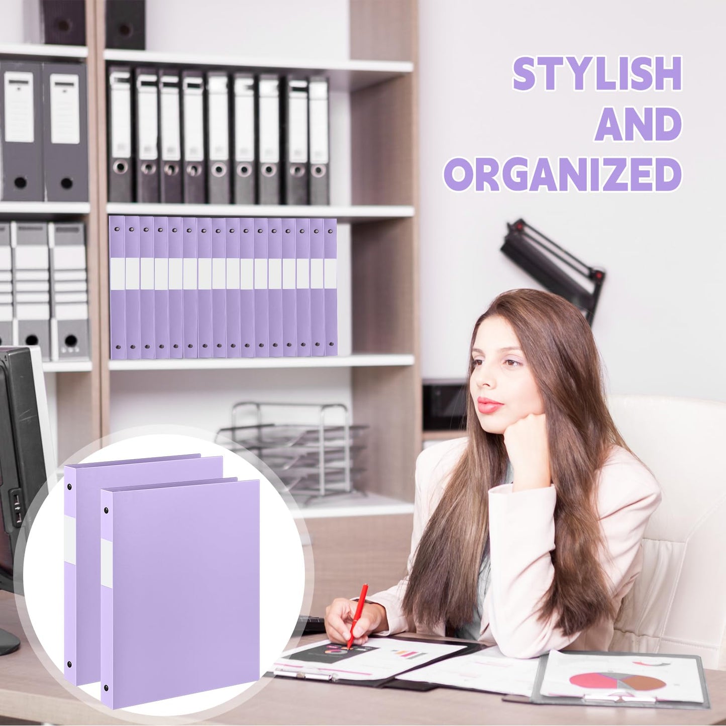Henoyso 26 Pack 0.5 Inch Plastic 3 Ring Binder Round Ring, Bulk 1/2 Inch Flexible Binders Hold 140 Sheets Letter Size with Pocket, Document Organizer for Back to School Classroom Office (Light Purple)