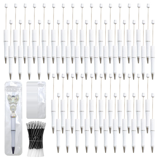 DASTTUIS 150 Pieces DIY Beadable Pen Kit – 50 Plastic Ballpoint Pens with Refills & Bags – School Supplies, Office Accessories & Decorative Items for Students & Teachers （White）
