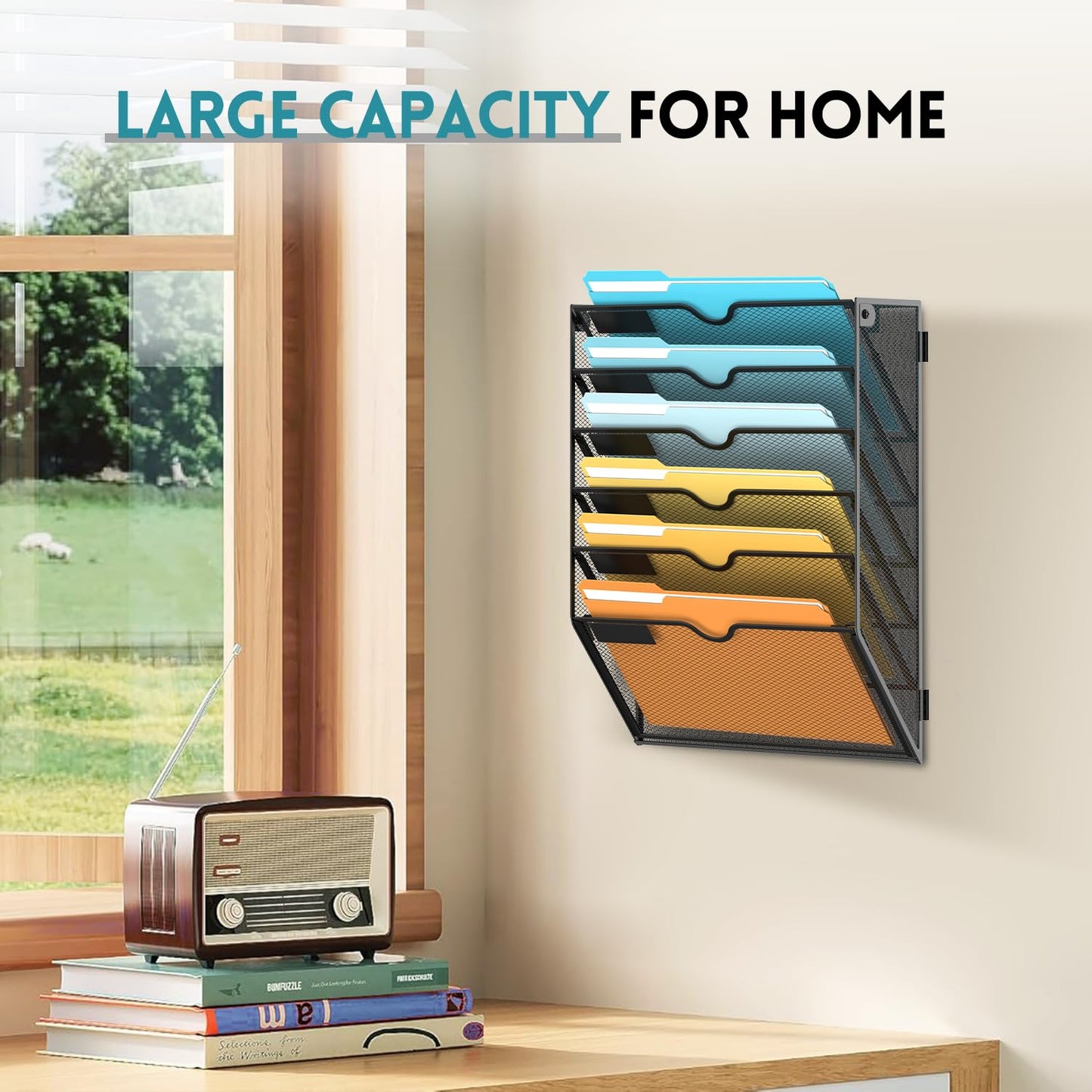 SUPEASY 6 Tier Wall File Organizer, Hanging Wall Mounted Mail Organizer with Label Slots, Metal Mesh File Holder Magazine Rack for Office, Home, School or Classroom, Black