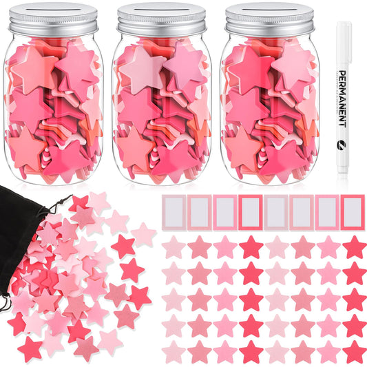 Roowest Star Reward Jar for Kid 3 Pcs Coin Jars for Behavior Tokens 200 Stars 8 Name Tags Classroom Reward System for Kids Back to School Incentive Good Behavior Training(Pink,Classic Style)