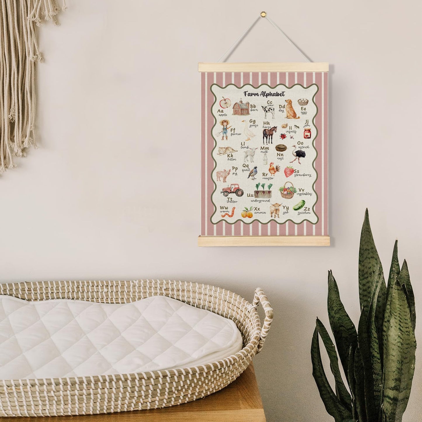 Qvapt Farm Alphabet Pink Wall Art Poster Hanger Frame, Farmhouse Animal ABC Educational Wall Art With Wooden Poster Hanger for Toddler Room Classroom Nursery Playroom Decorations, 12x16 Inch