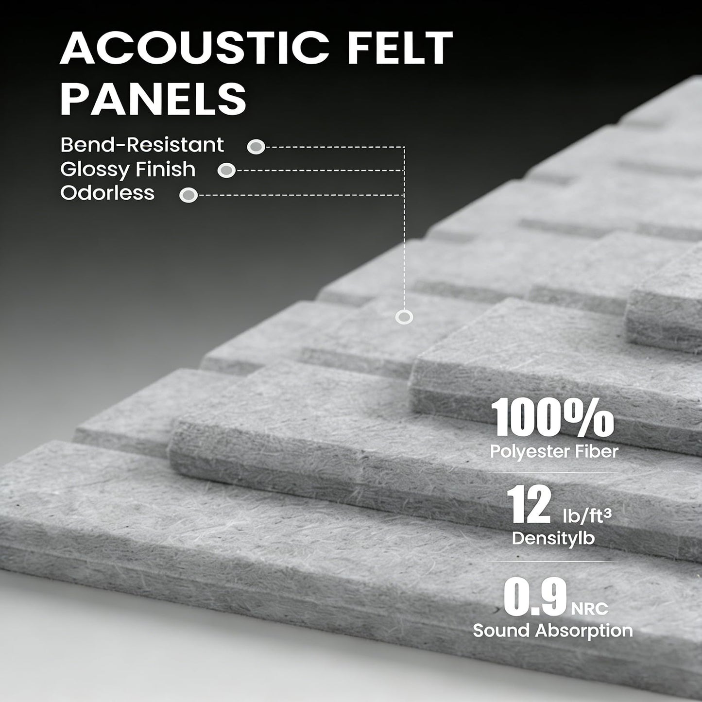 Slat Felt Wall Tiles (12 Pack) - 11.8"x11.8" Self-Adhesive Bulletin Board for Wall, Acoustic Panels for Sound Dampening, Modern Black Pin Board, Home Office Decor (30x30cm)
