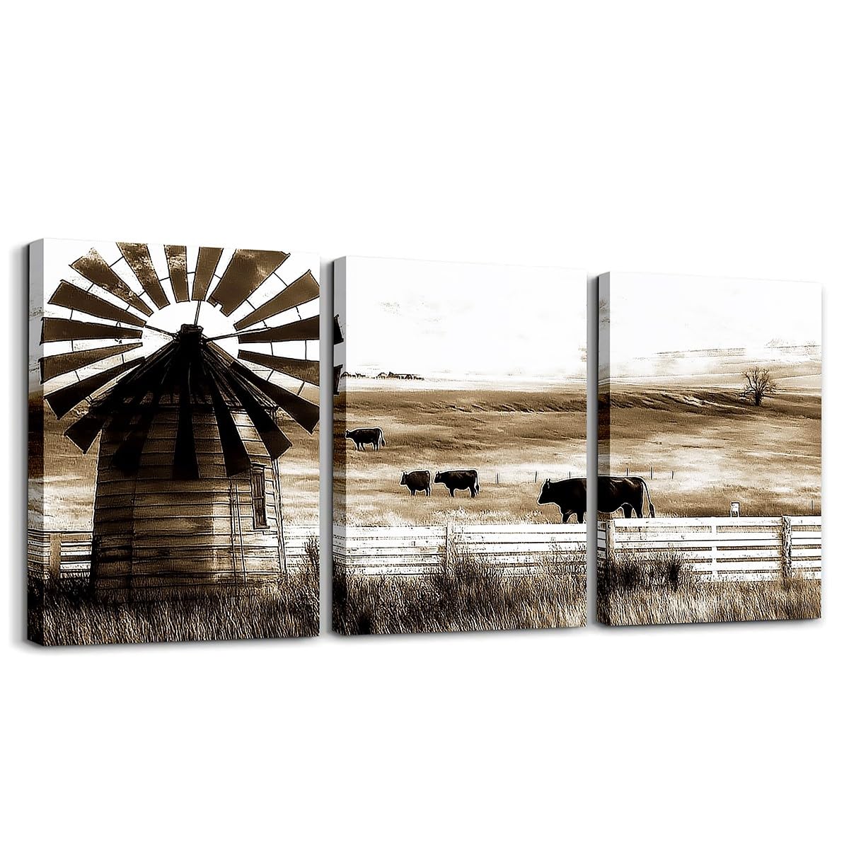 jejeloiu Rustic Windmill Canvas Wall Art for Living Room Bedroom 12"x16"x3pcs Western Cow Grass Picture Wall Decor for Bathroom Retro Farmhouse Office Decorations Artwork Posters Farm Nursery Painting