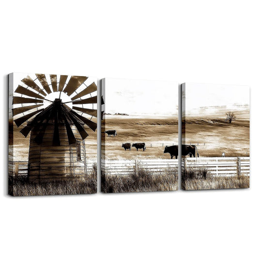 jejeloiu Rustic Windmill Canvas Wall Art for Living Room Bedroom 12"x16"x3pcs Western Cow Grass Picture Wall Decor for Bathroom Retro Farmhouse Office Decorations Artwork Posters Farm Nursery Painting