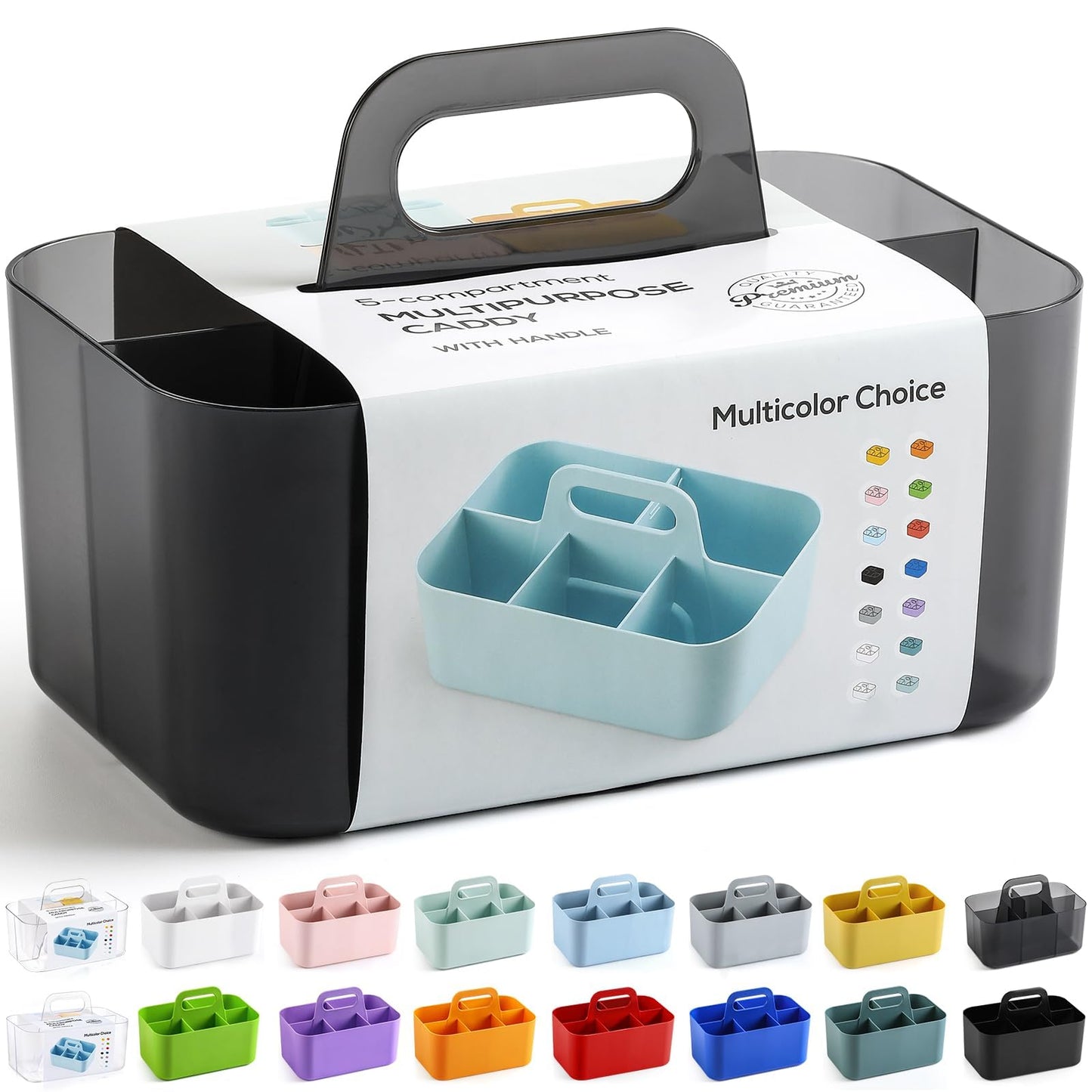 Multiuse Caddy Organizer with Handle, Portable Plastic Tote Bin - Art Craft, Stationary Pen Marker Crayons, Makeup Hair Supplies Storage - Bathroom, Classroom, Dorm, Office, Desk Holder - Clear Black