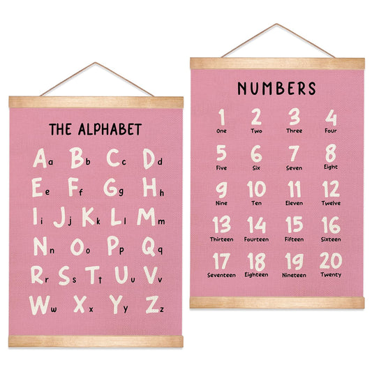Alphabet and Numbers Educational Chart Set of 2 for Classroom Decor,Colorful Educational Poster for Toddlers 1-3,Toddler Learning Poster for Ages 3-5 for Nursery Playroom,Classroom Must Haves 14x18.5Inch(Pink)