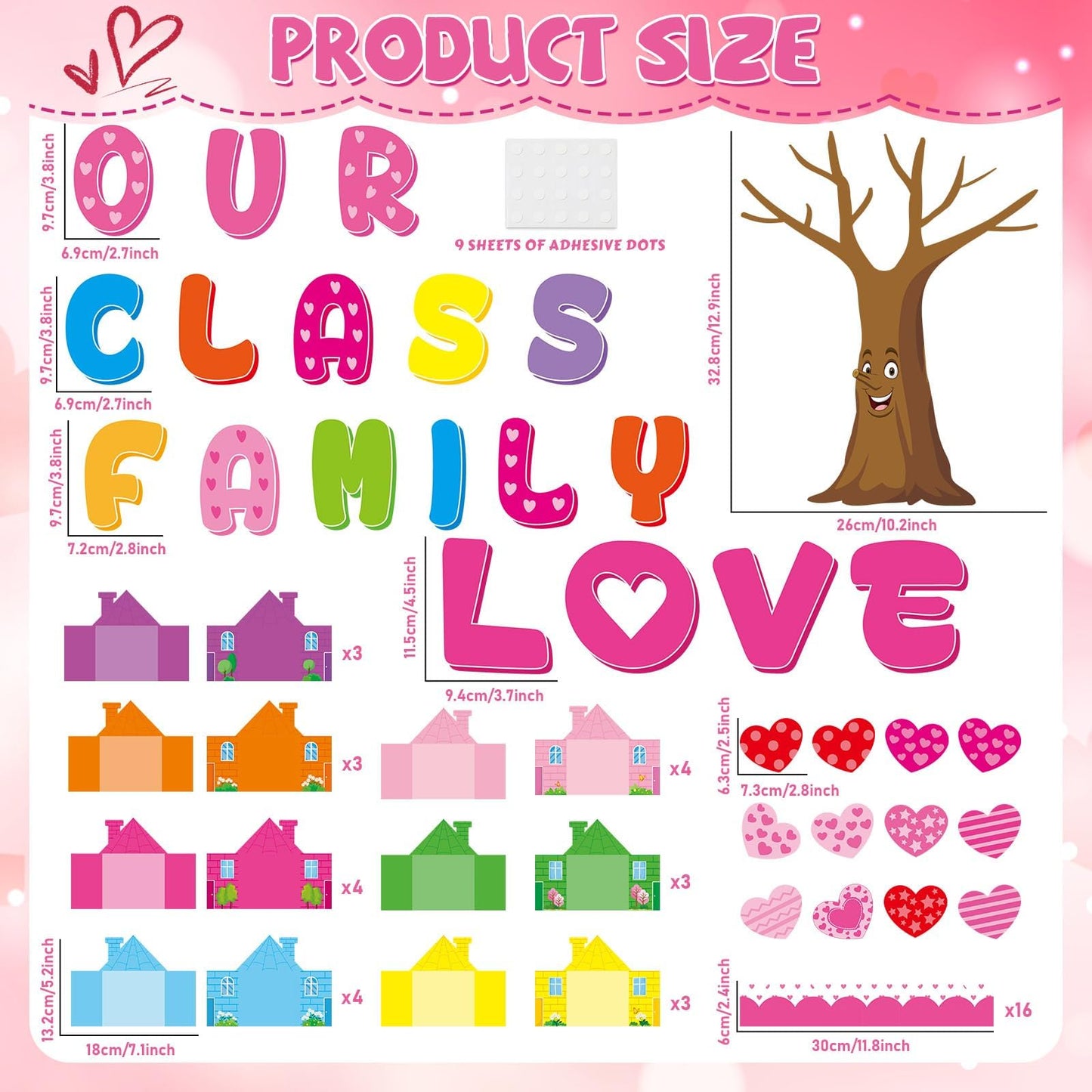 Back to School Bulletin Board Set Our Class is a Family Classroom Decoration with 3D Photo Frame House Pink Paper Cutouts Family Tree Bulletin Board for Home Office School Classroom Wall Decor
