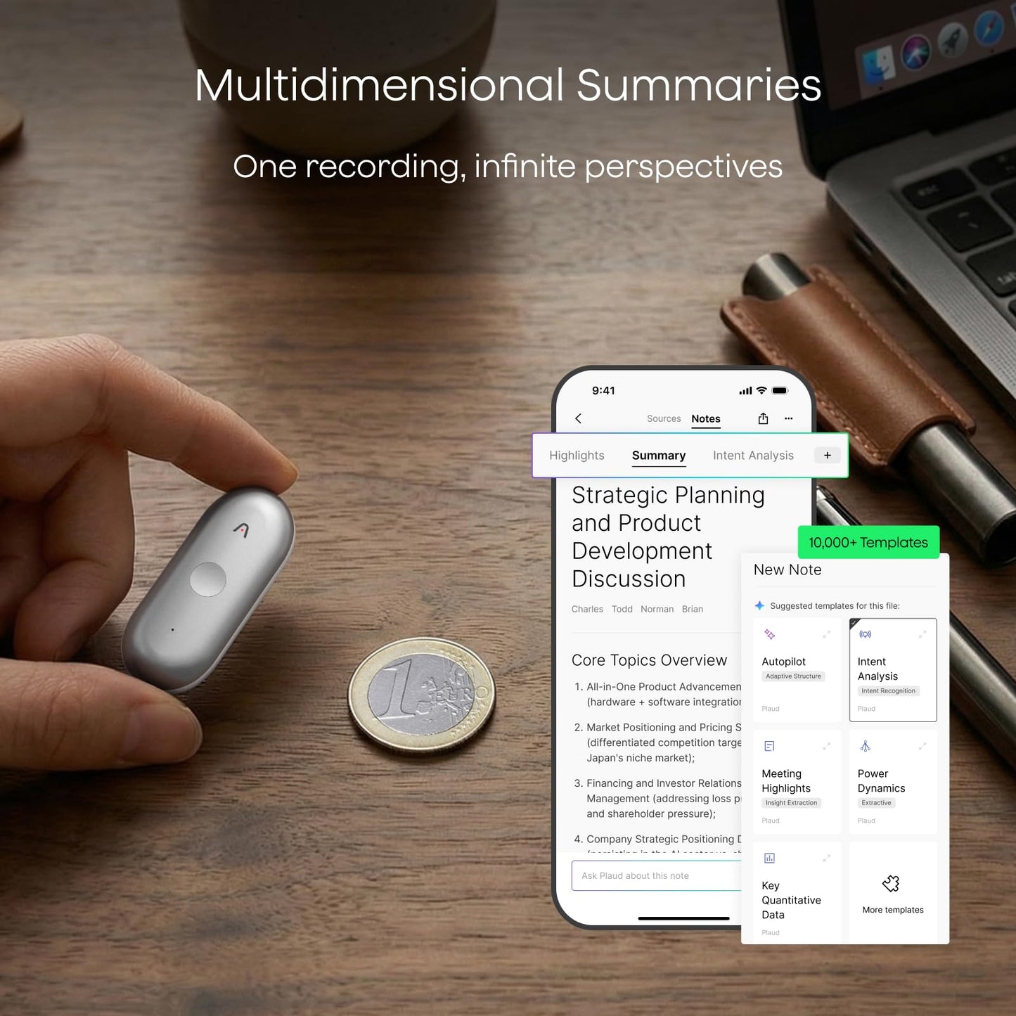 Plaud NotePin S AI Voice Recorder, Wearable AI Notetaker, AI Transcribe & Summarize, Support 112 Languages, 64GB Audio Recorder for Meetings Interviews, Professionals, Teams, with 4 Accessories