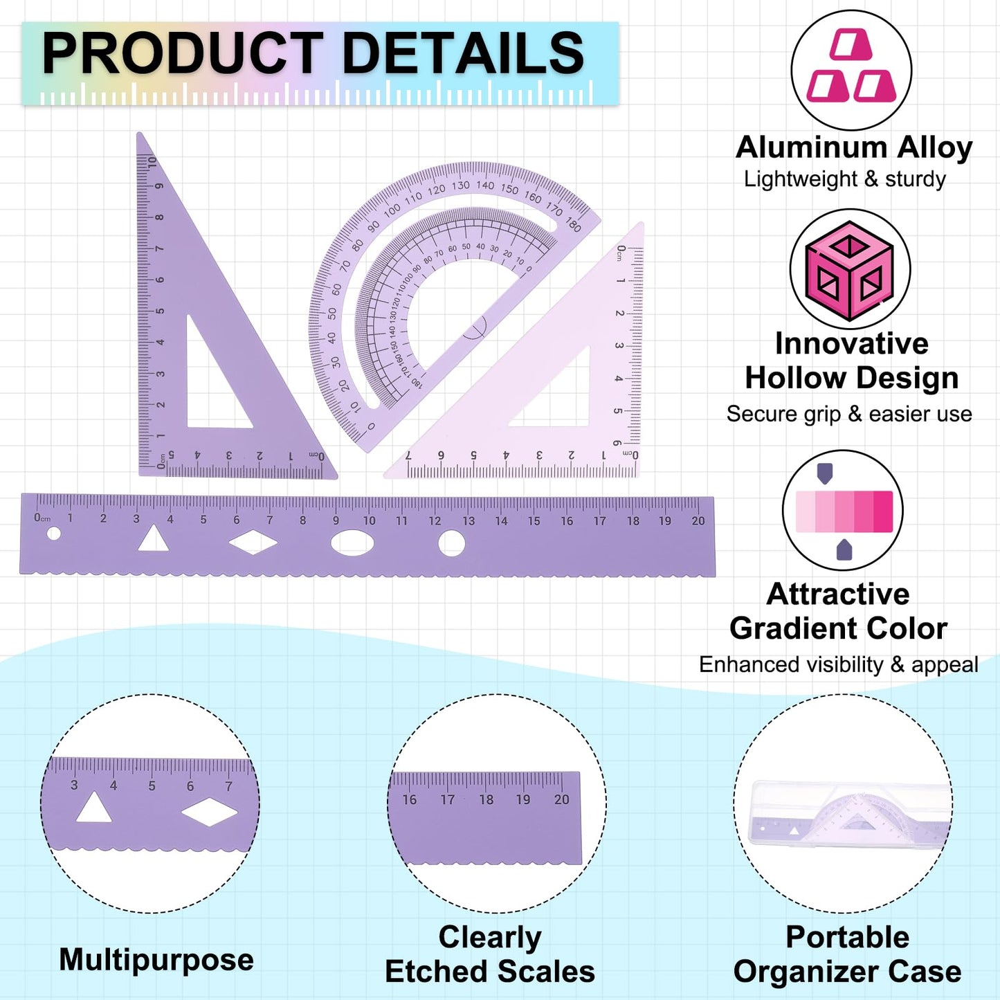 PATIKIL Geometry Set, 2 Pack 8 Inch Aluminum Ruler & 4 Triangles, Metal Protractor Ruler Math Drafting Measuring Tool for Home Office Math Drawing Engineering Art,Gradient Purple