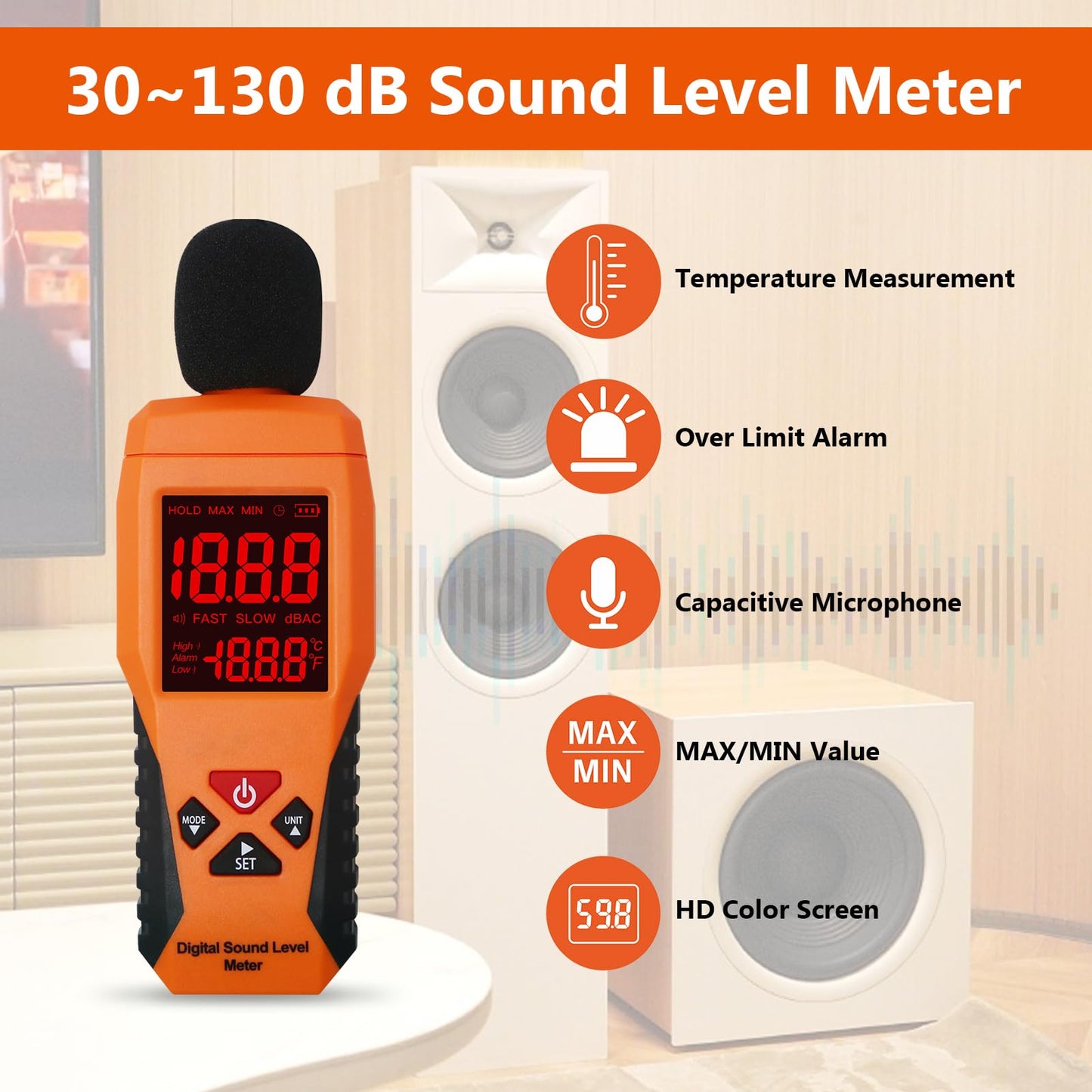 Sound Level Meter Reader with HD Backlit LCD Decibel and Ambient Temperature Meter, Sound & Noise Meter SPL Tester with Alarm, Fast/Slow, Data Hold, MAX/MIN, Auto Power-Off for Noisy Neighbors Office