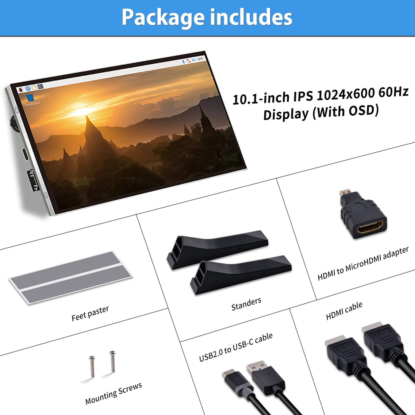 GeeekPi 10.1 Inch LCD Screen for Raspberry Pi, 1024x600 IPS LCD Display, HDMI Portable Monitor for Raspberry Pi 5/Pi 4B/3B+/3B/B+/Zero/400, Win11/10/8/7, Free Driver (Non-Touch)