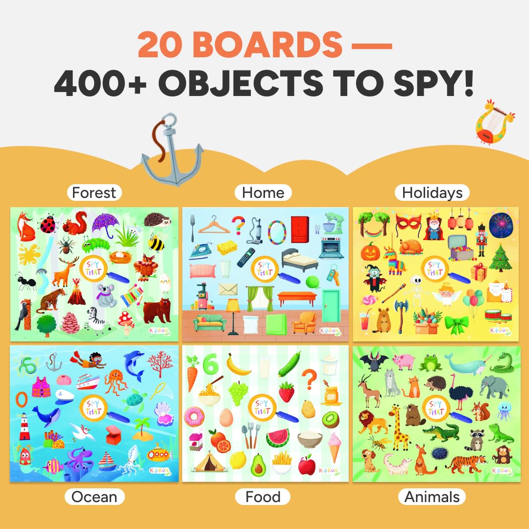 Flashcards Spy that! by Kidrox Squad – Spy that Letter Game for Kids Ages 3+, 20 Double-Sided Picture Search Boards with 400+ Objects, Alphabet Learning Game for Toddlers and Families