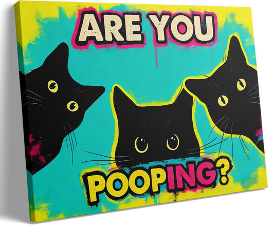Funny Black Cat Bathroom Canvas Wall Art - Are You Pooping? Colorful Humor Poster for Washroom, 16x24 Inch Framed Graffiti Print for Toilet Restroom, Pop Art Wall Decor, Gifts for Cat Lovers