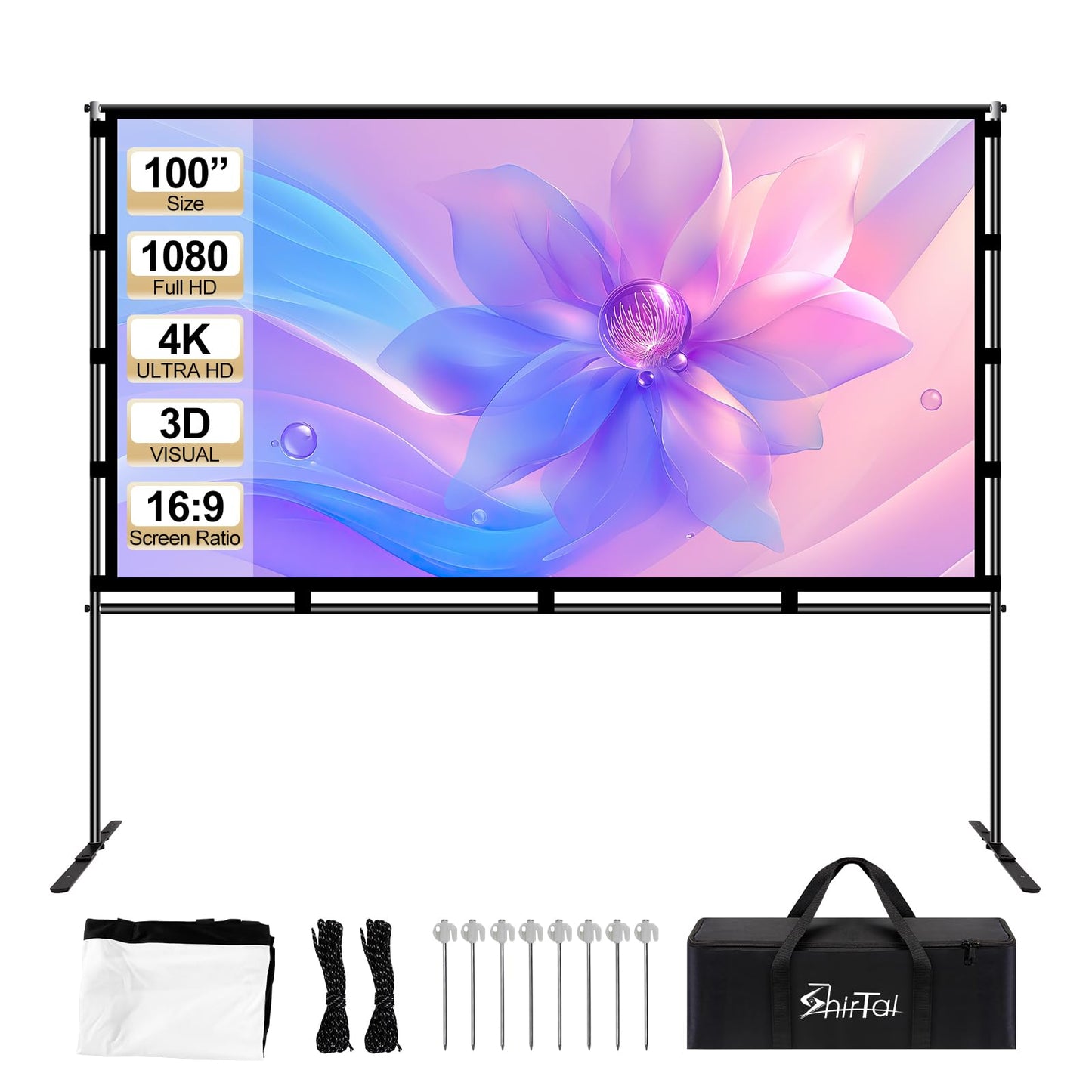 Shirtal 100 Inch Projector Screen,Portable Projector Screen with Stand,16:9 4K HD Anti-Crease Indoor Outdoor Movie Screen with Carry Bag for Camping Home Theater