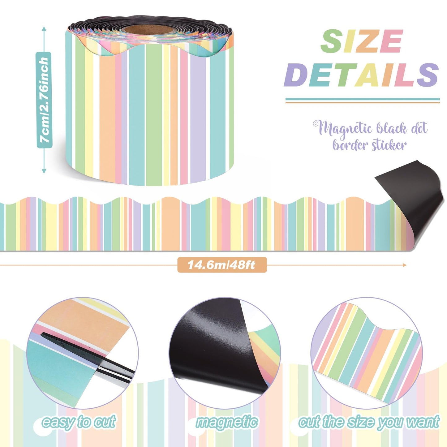 Tenceur 48 ft x 2.76 Inch Magnetic Borders for Whiteboard Decoration, Pastel Vertical Stripes Magnetic Bulletin Board Border Set for Summer Classroom Office Chalkboard Poster Board Decor