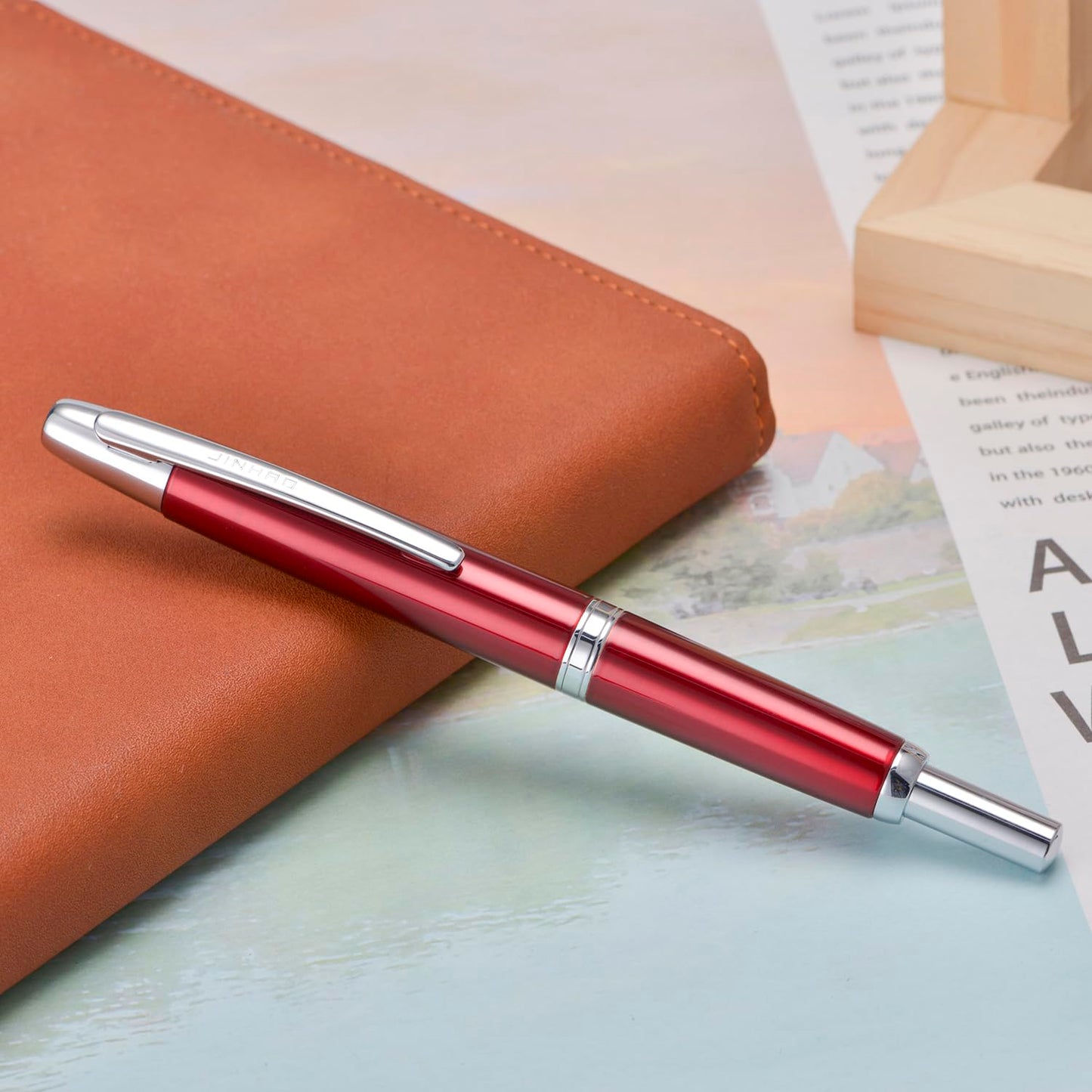 Jinhao 10 Press Fountain Pen with Box, Rose Red Retractable Extra Fine Nib with Ink Converter Set (Silver Clip)