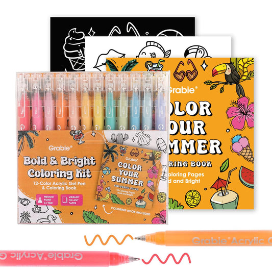 Grabie Coloring Kit, Acrylic Gel Pens Set with Coloring Book, 1.0mm Medium Tip Opaque Gel Pens for Adult Coloring Books, Drawing, Journaling, Planner, Art Supplies Gift Set of 12 Summer Colors