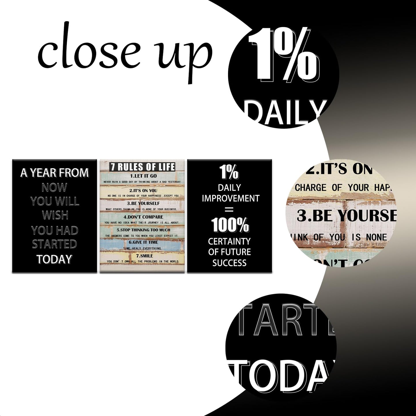 PSYYSP Motivational Wall Art 7 Rules of Life Canvas Print Framed Inspirational Quotes Poster for Office Home Gym Success Action Discipline Decor Modern Black White Artwork 36x16