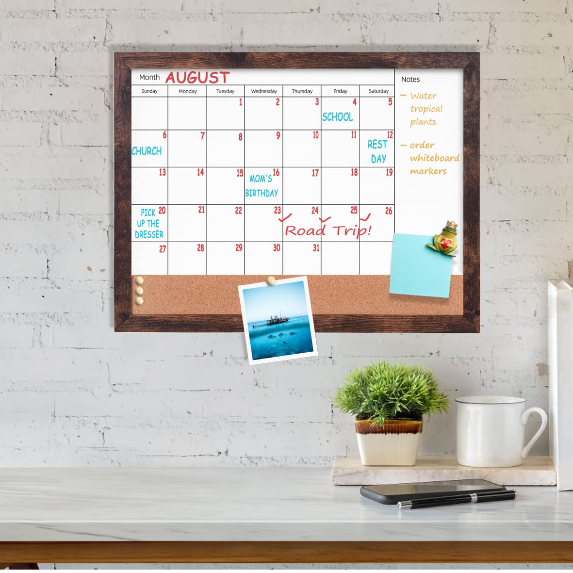 Dry Erase Calendar Whiteboard for Wall, 13" x 17" Small Combination Magnetic Dry Erase White Board & Bulletin Board, Walnut Brown Frame Calendar/Cork Combo Board(WB-3343-B)