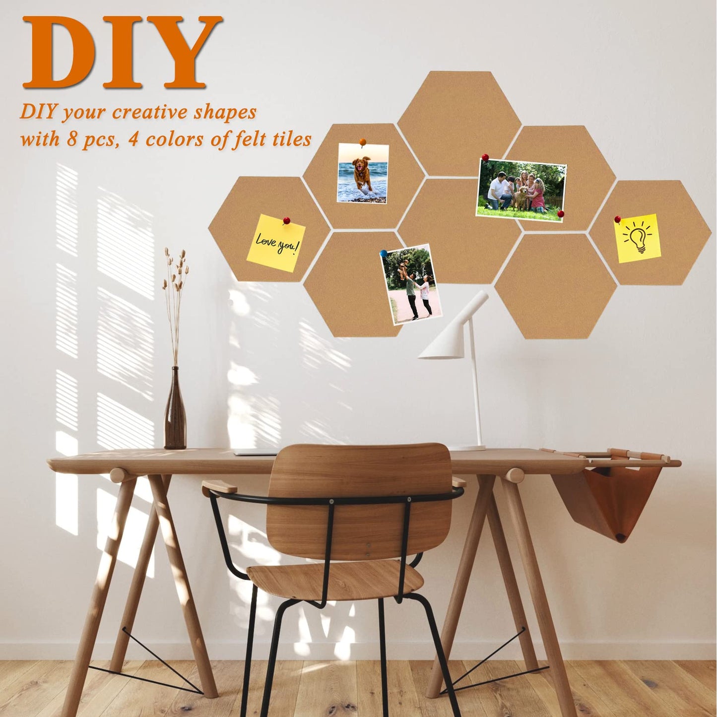 HULAVO 8Pcs Hexagon Felt Cork Board Tiles, Self Adhesive DIY Bulletin Board Pin Board for Office School Home Wall Decor Stickers Memos Photos Display (Deep Camel)