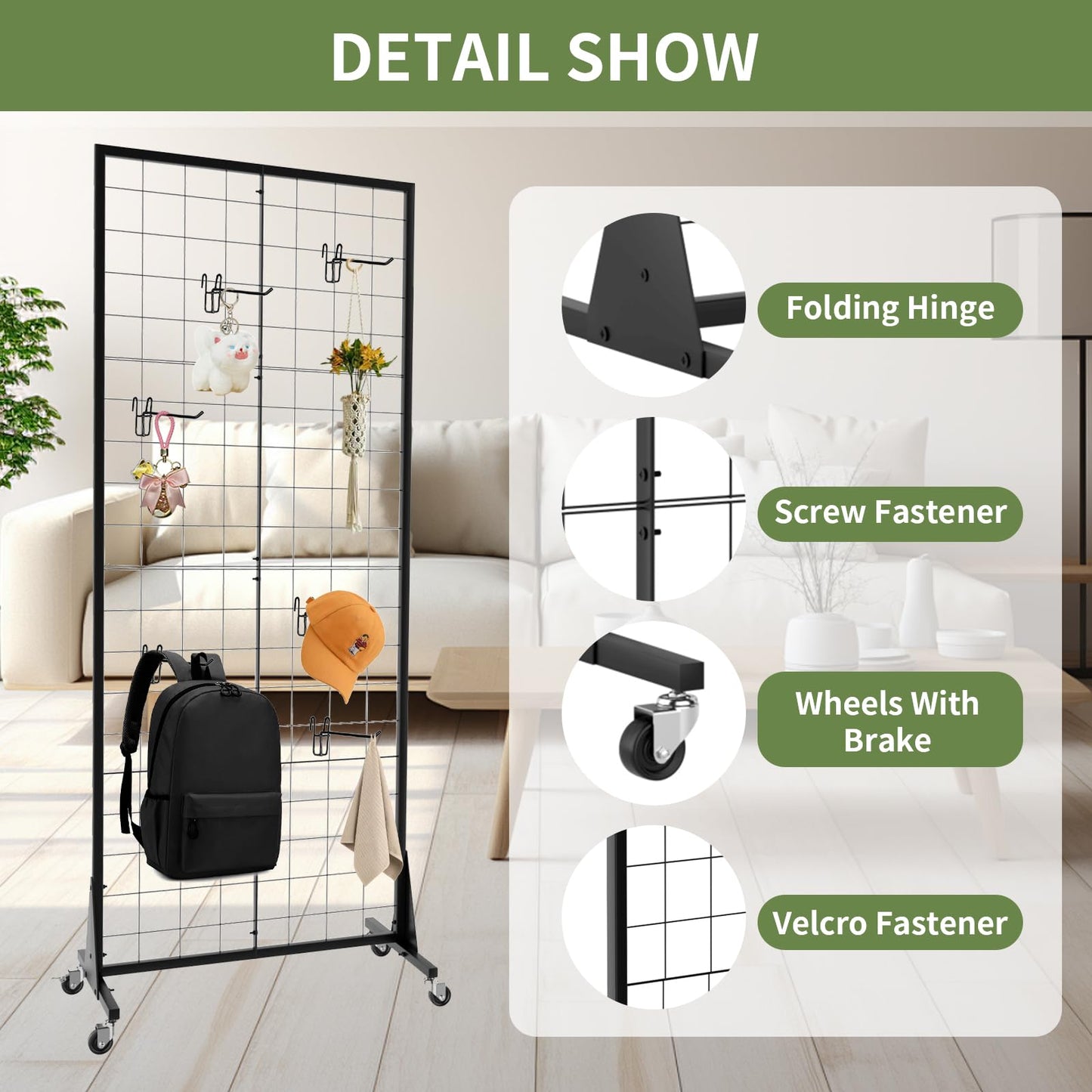 RCZSCBK 1-Pack Grid Wall Panels, 2' X 5.5' Ft Gridwall Panel Display Stand, Heavy Movable Floorstanding Detachable Gird Wall Panels,Suitable for Art Fairs(Lncludes 4-Pack Mesh Accessories)