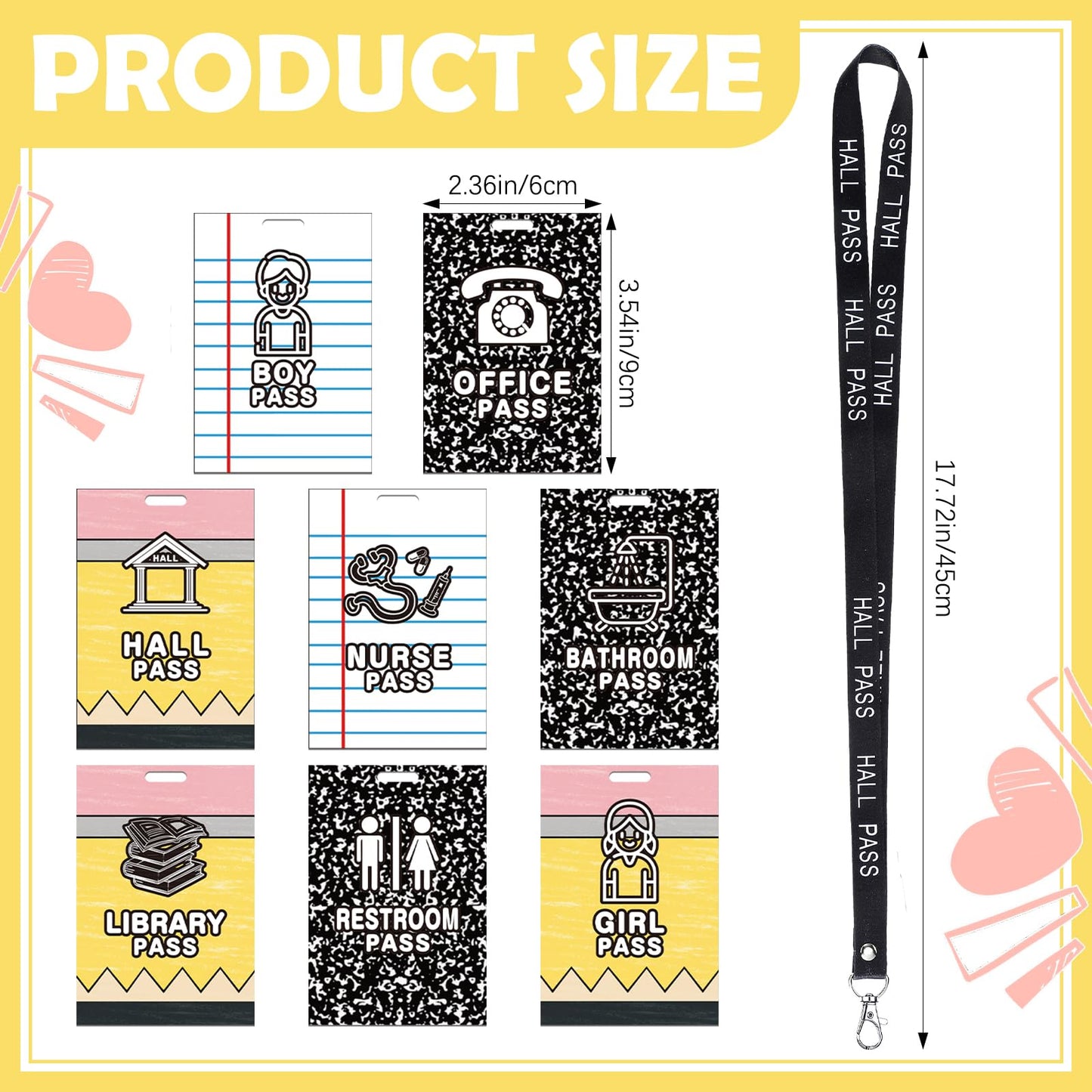 Fuyoooo 16 Set Pencil Hall Pass Lanyards Unbreakable PVC Composition Notebook Classroom Passes with Lanyards Bathroom Boy Girl Library Hall Office Nurse Pass 2.4 x 3.5
