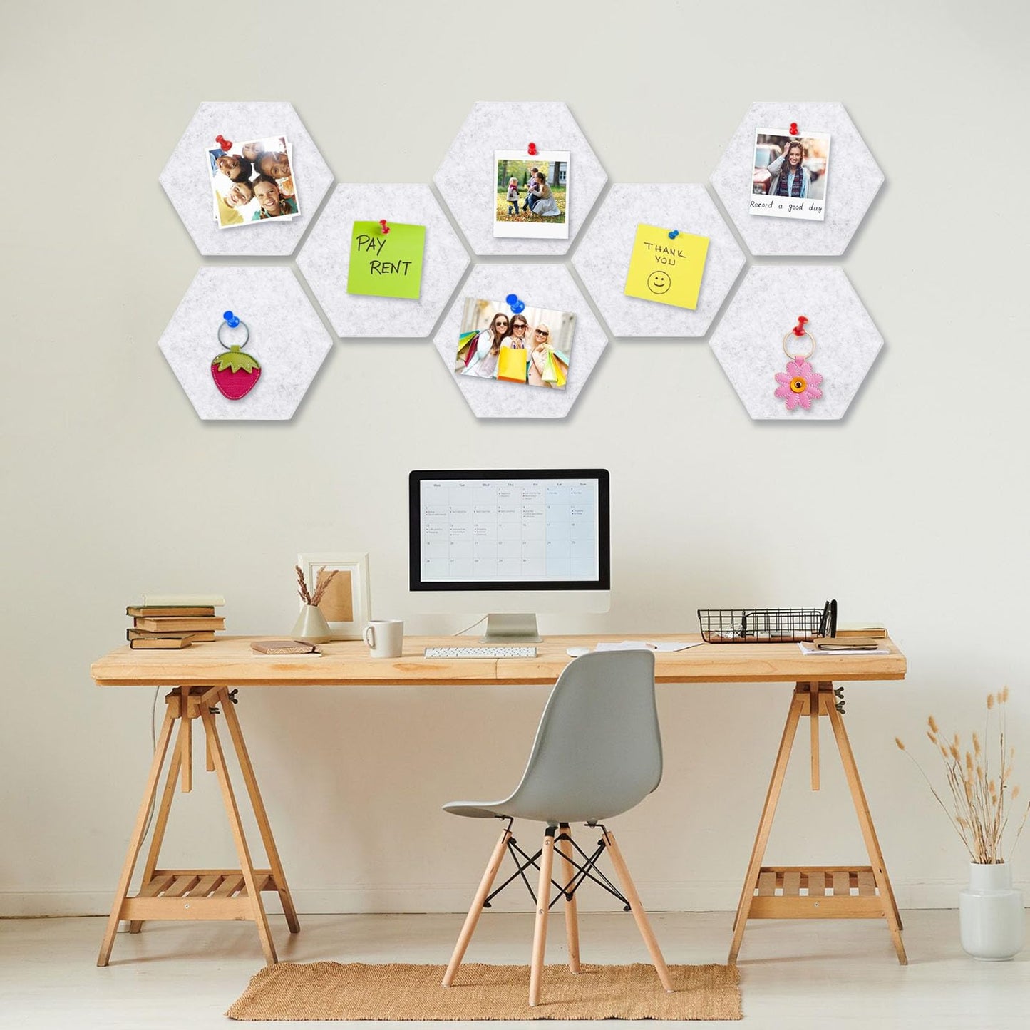 8 Packs Silver Grey Hexagon Felt Pin Board, 12" Bulletin Board with 30 Push Pins, Felt Board for Home Kitchen Office Decor, Self-Adhesive Corkboard Tiles for Walls Message Photos Memos Display