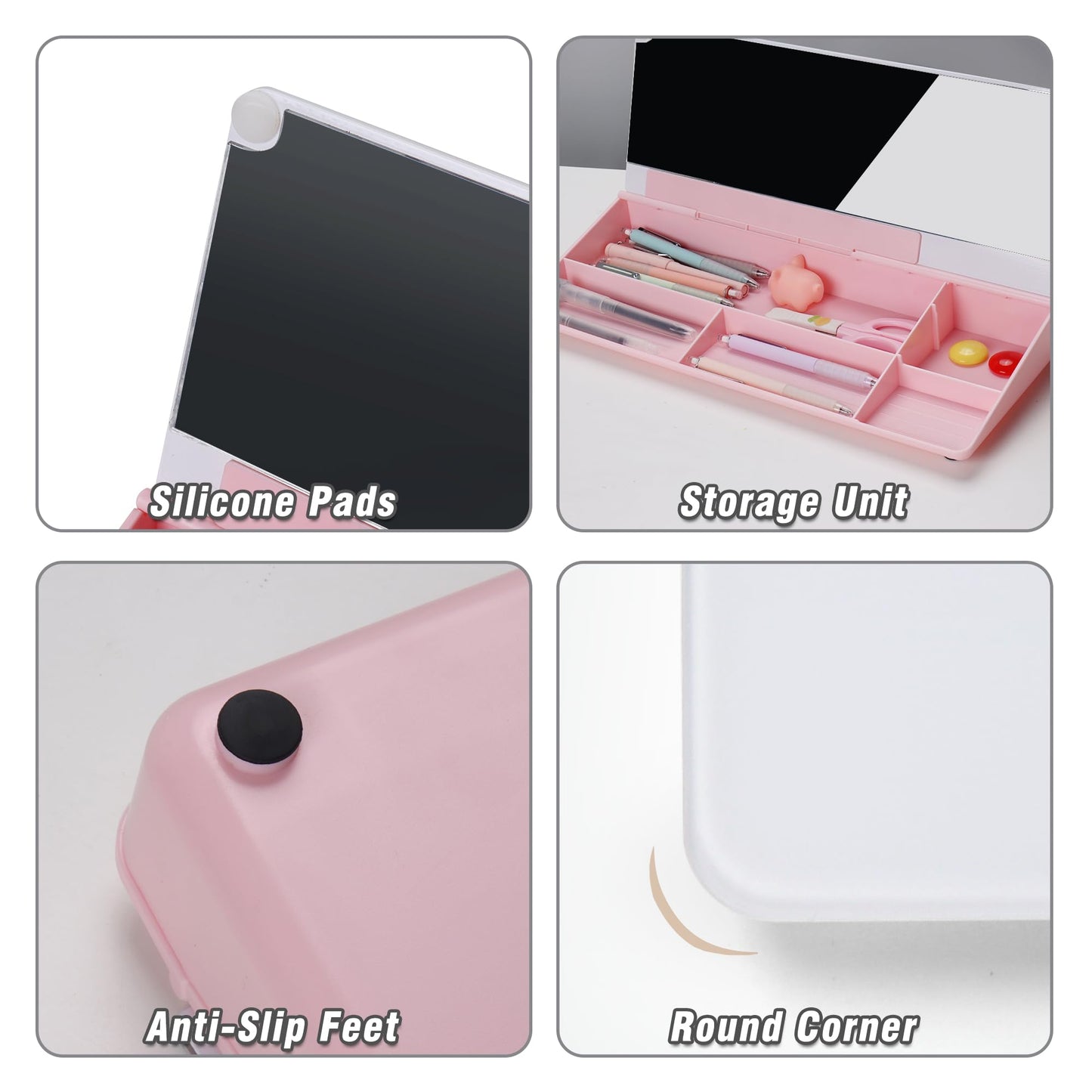 SELEAD Desktop Glass Whiteboard with Organizer & Built-in Mirror - Small Dry Erase White Board Computer Pad Keyboard Stand with Markers, Eraser, Holder for Women - Pink