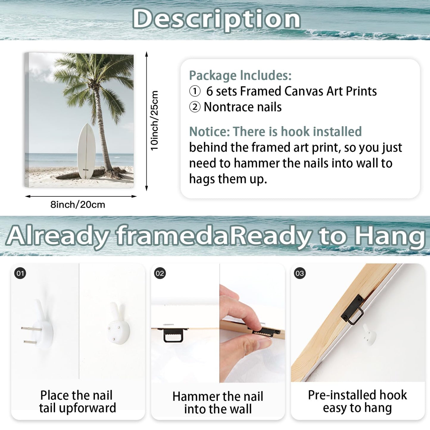 CHDITB Beach Canvas Wall Art, Coastal Palm Tree Surfboard Wall Decor, Ocean Wave Seagull Artwork, Minimalist Surfing Pictures, Tropical Beach Prints for Bathroom Living Room seaside Bedroom 8”x10”x6