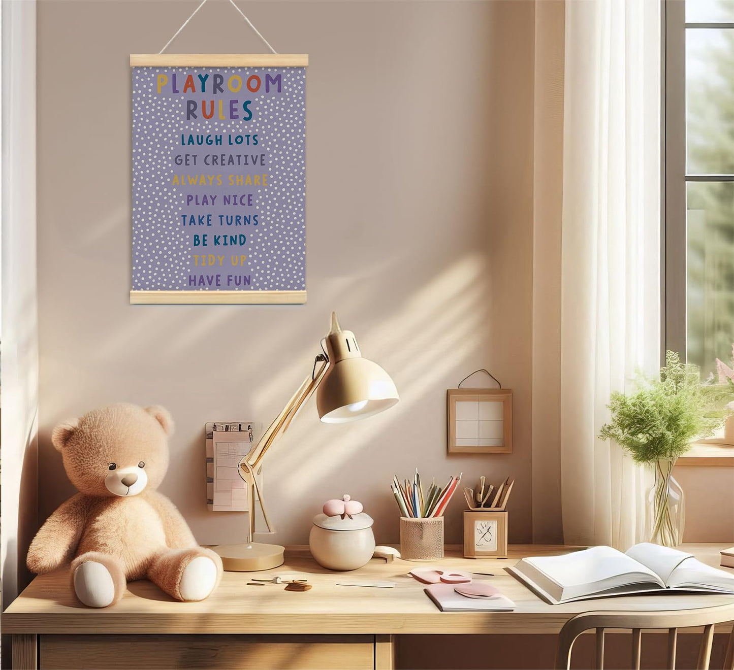 Playroom Kids Tollder Room Wall Decor, Play Room Rules Wall Decor for Kids Play Game Room Bedroom Nursery Home School Playroom Essentials, Canvas Hanging Banner Wood Poster Frameds(purple)