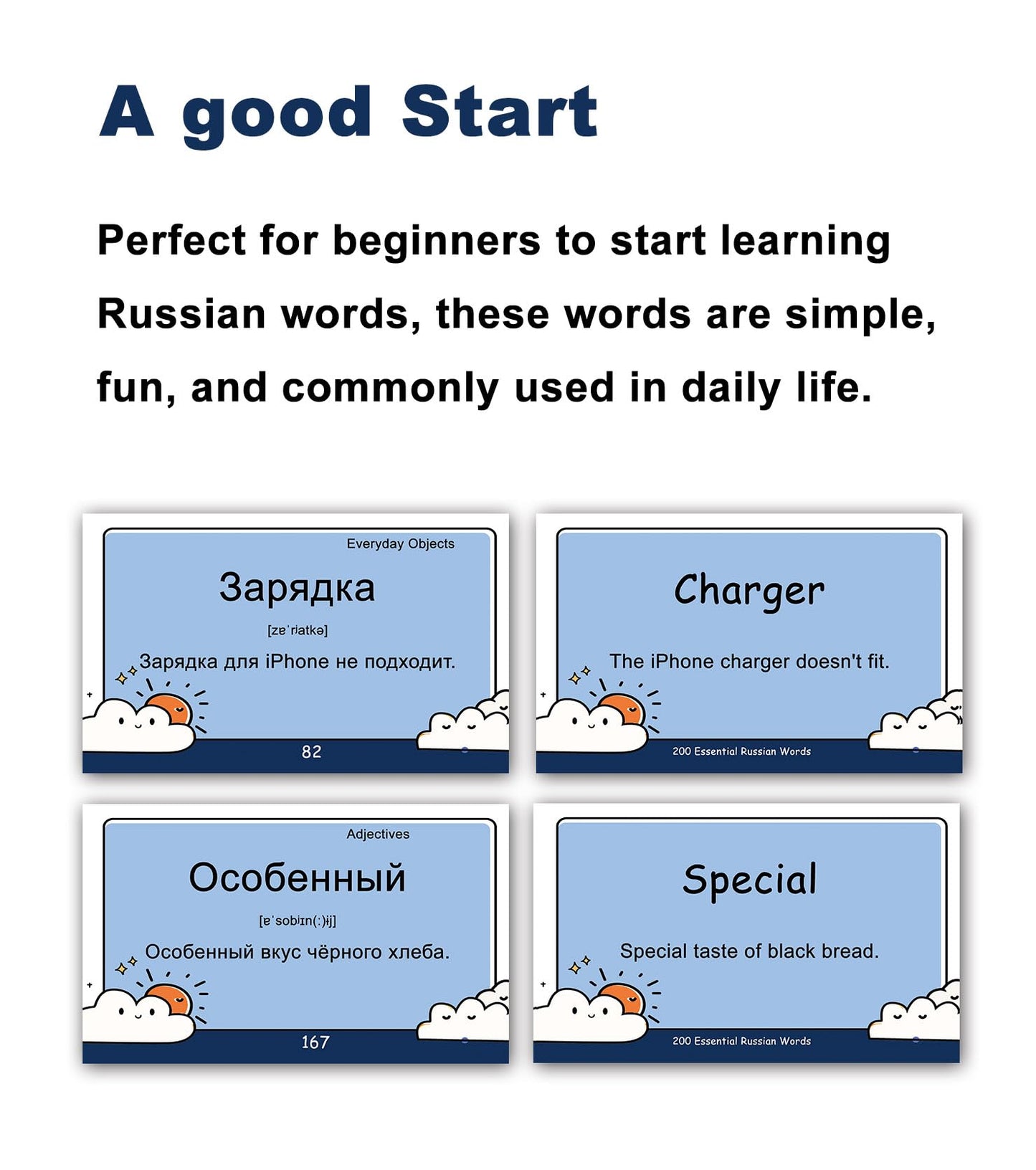 200 Essential Russian Words Vocabulary Flash Cards Flashcard for Beginners Adults | Learn Russian for Beginners Adult