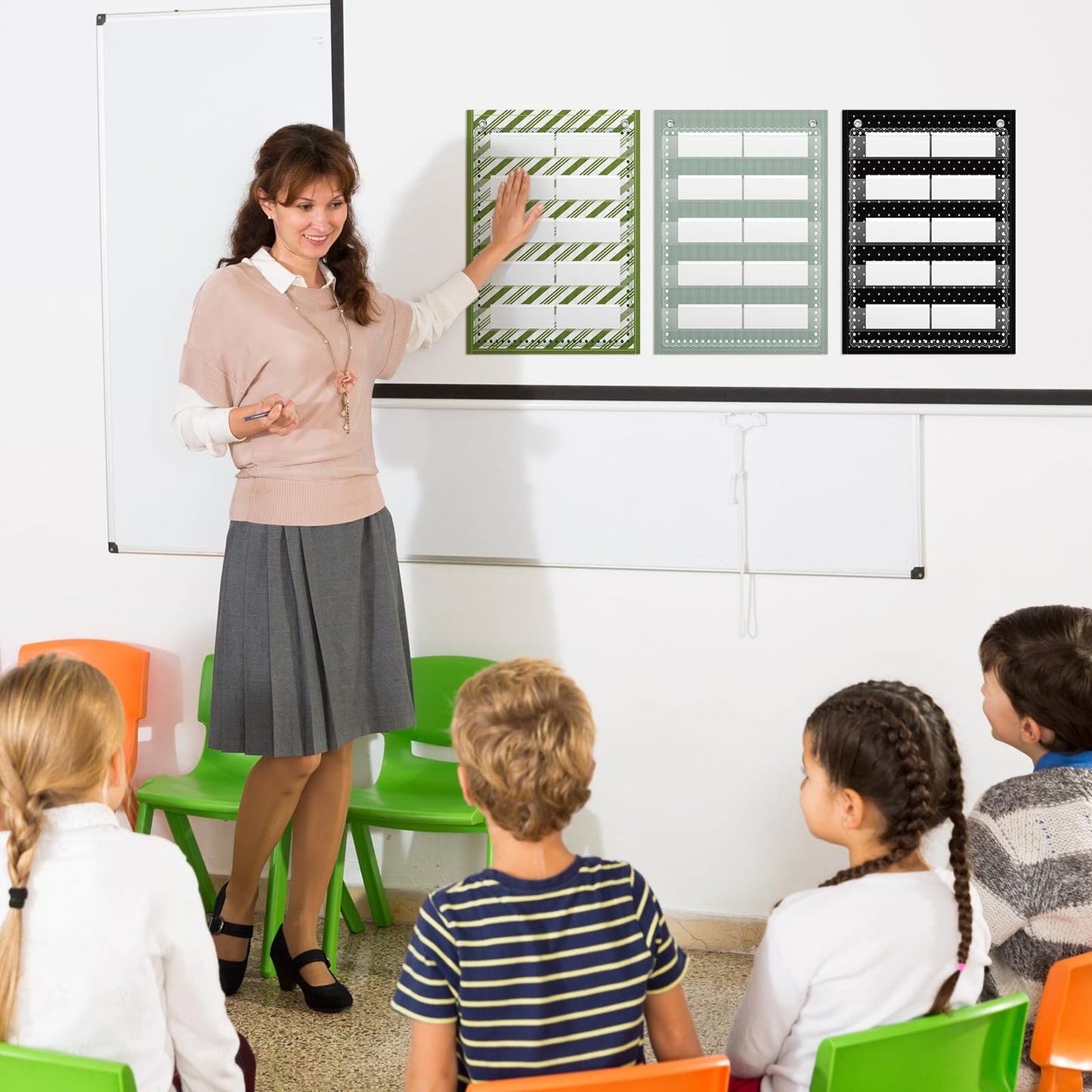 Gueevin 6 Set Magnetic Pocket Chart with 5 Clear Pockets and 30 Dry Erase Cards Painted Classroom Schedule Pocket Chart for Whiteboard Class Demonstrations(Neutral Color,Mixed Pattern)