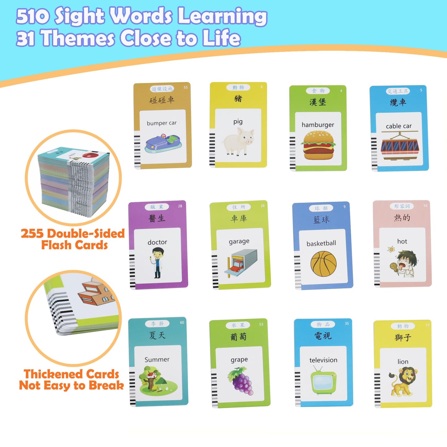 MAYAPHILOS 510 Sight Words Talking Flash Cards Cantonese and English, Trilingual Learning Flashcard Toys, Learn Cantonese and Chinese for Kids, Audible Pocket Speech for Toddlers