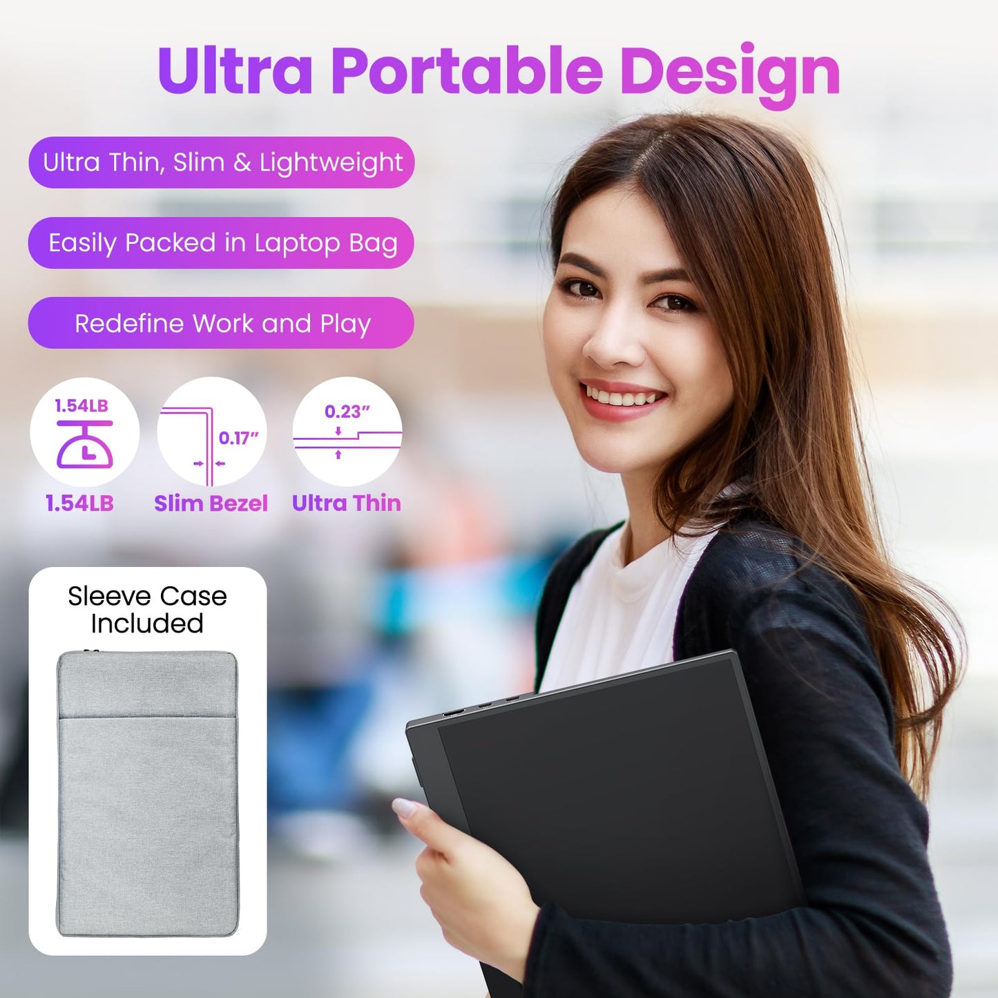 Upperizon Portable Monitor 15.6 inch FHD 87% sRGB 60Hz IPS HDR HDMI USB-C Travel Monitor for Laptop MacBook PC Surface PS5 Xbox, External Display with Kickstand & Speakers, VESA Compatible