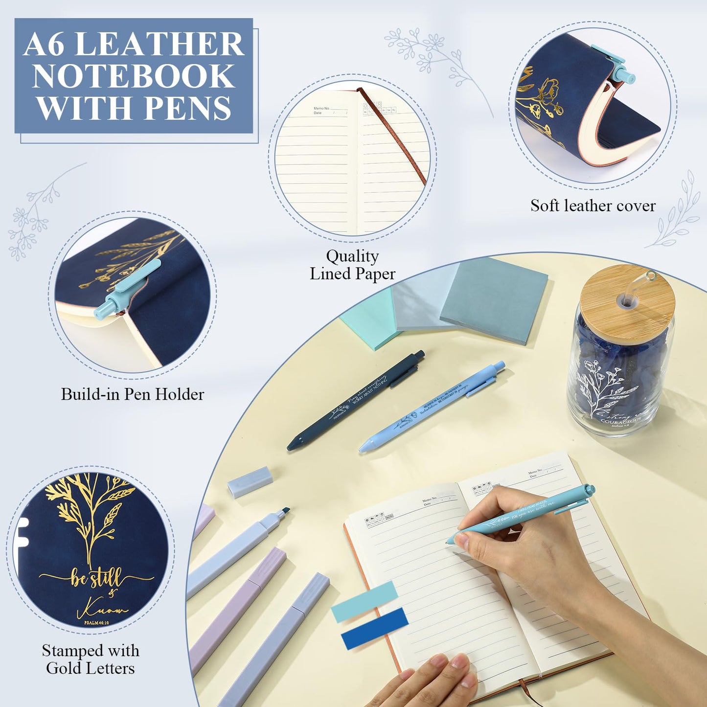 Singhoow 29 Pcs Bible Journaling Supplies Kit 16 oz Glass Cup Canvas Bag Leather Notebook Highlighters Pens Sticky Note Tapes Bible Study Supplies for Women Father Sunday School Teacher(Boho, Blue)