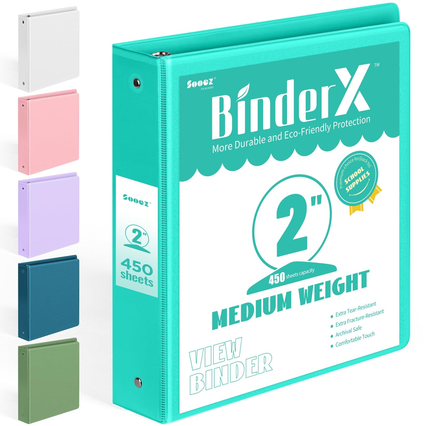 BinderX Extra Durable 3 Ring Binder, Round Ring 2 Inch Binders, Fits 450 Sheets of 8.5x11 Paper, Customizable View Cover with Inside Pockets, Cute 2" Binder, School Supplies for Girls, Aqua Blue