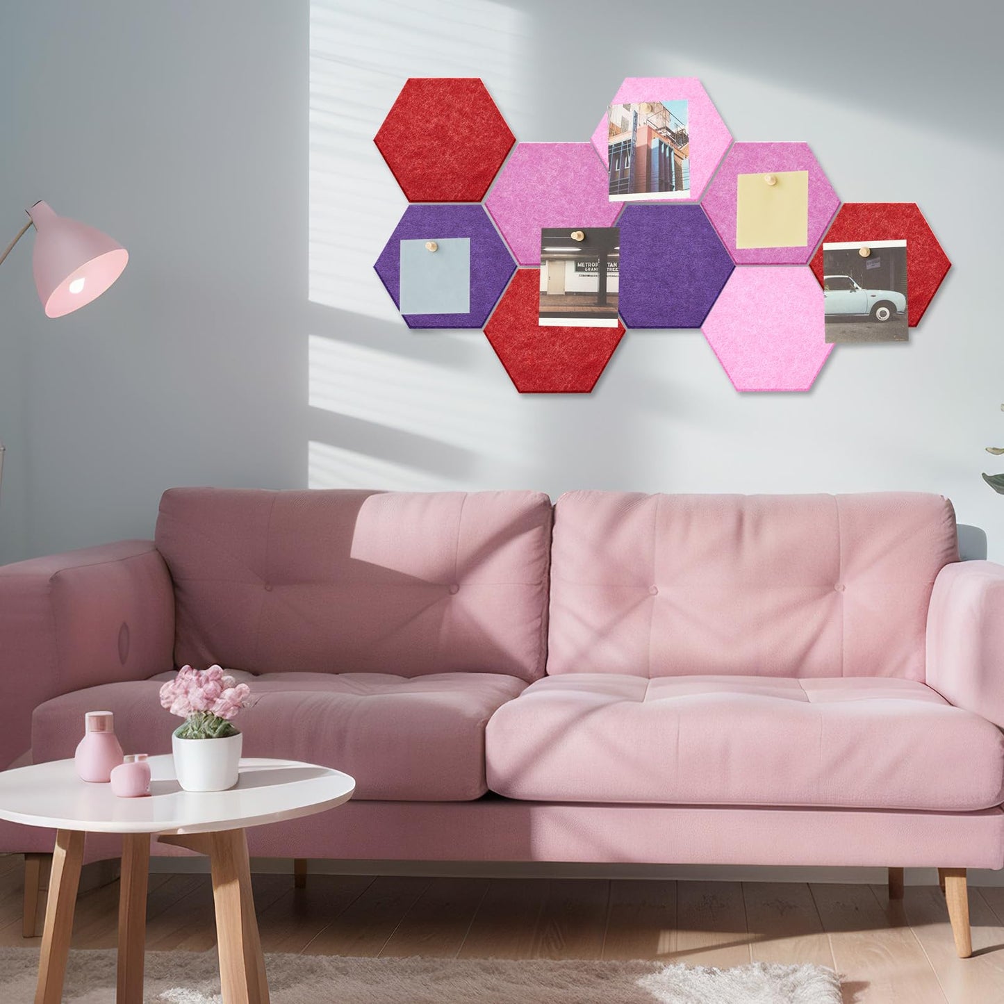 Mindsoft 16 Pcs Hexagon Cork Board for Walls with 50 Wooden Push Pins 6.7 x 5.9 in Felt DIY Tiles Notice with Nano Tape Hanging Bulletin Board for Home Photo Office Memo Note (Gradual Purple)