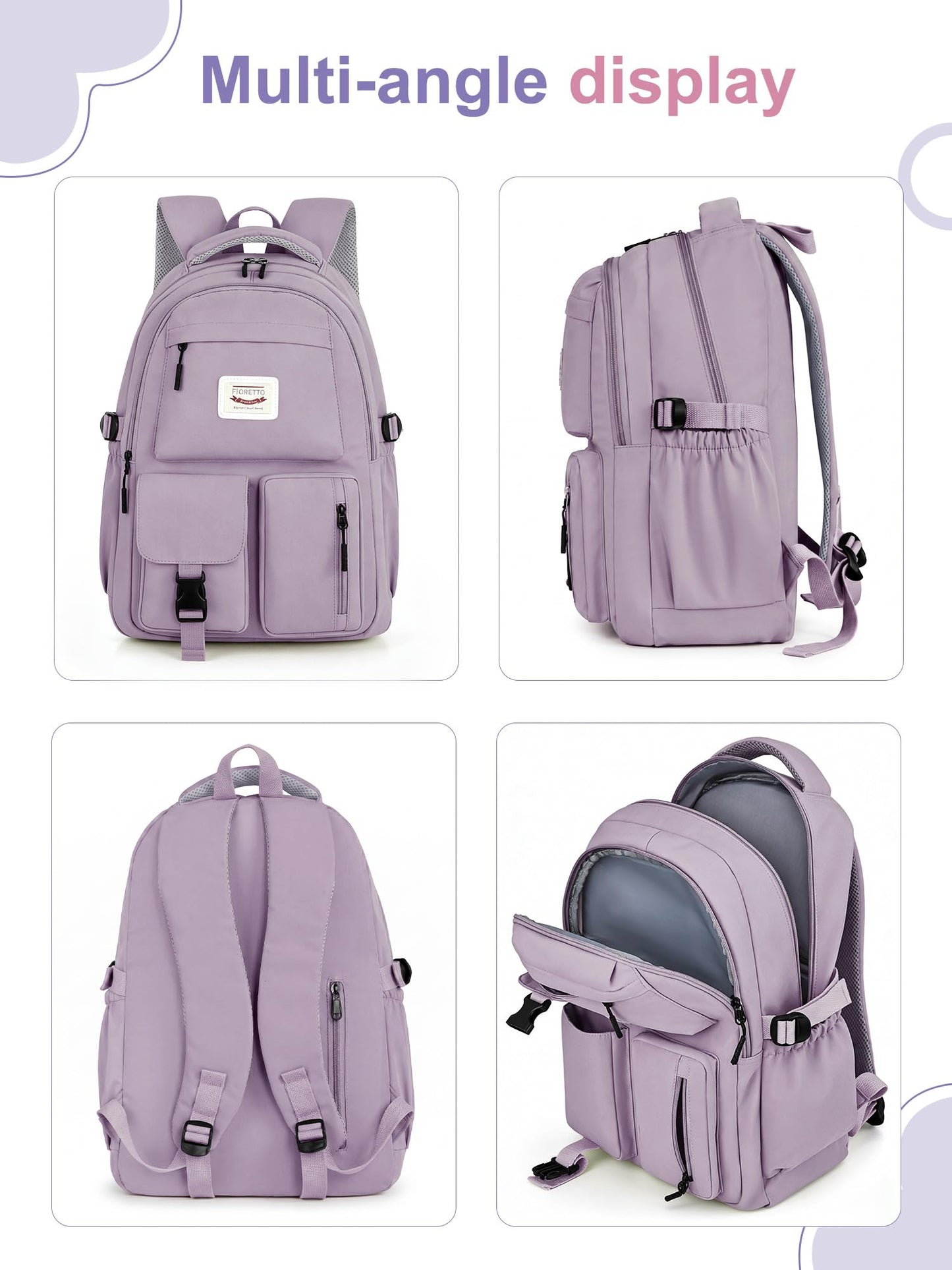 FIORETTO School Backpack for Teen Girls & Women with Compartment, Lightweight School Bag Bookbag with Multiple Pockets, Ideal for Middle High School, College, Travel, Purple 25L