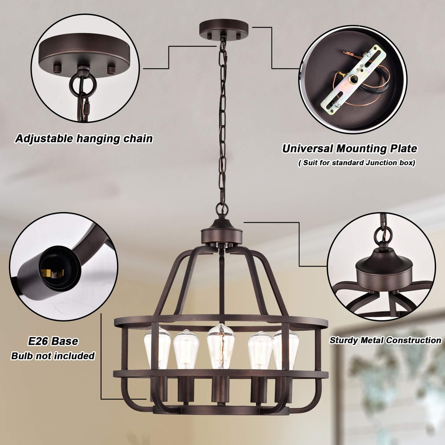 winsmart 20in Oil Rubbed Bronze Chandelier, 5-Light Metal Farmhouse Fixture, Model WSP30076RB-5