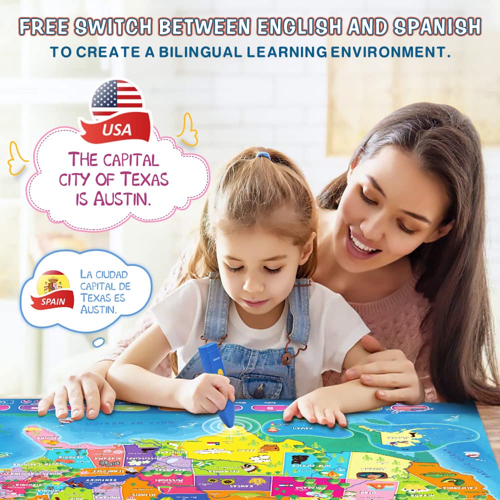 Qiaojoy Bilingual Interactive for Kids Talking USA Map for Kids Learning, Geography Toys Games Educational Electronic Map Christmas Personalized Gift/Toys for 4 5 6 7 8 9 10 Year Old Girls/Boys