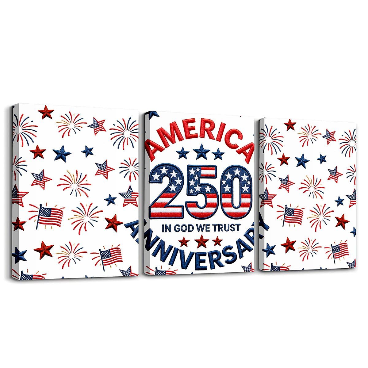 Feelyou Patriotic 250th Anniversary 3 Piece Canvas Wall Art for Living Room Bedroom 4th of July Wall Art for Home Decor America Star Print Office Decor Artwork Red Blue Picture Posters