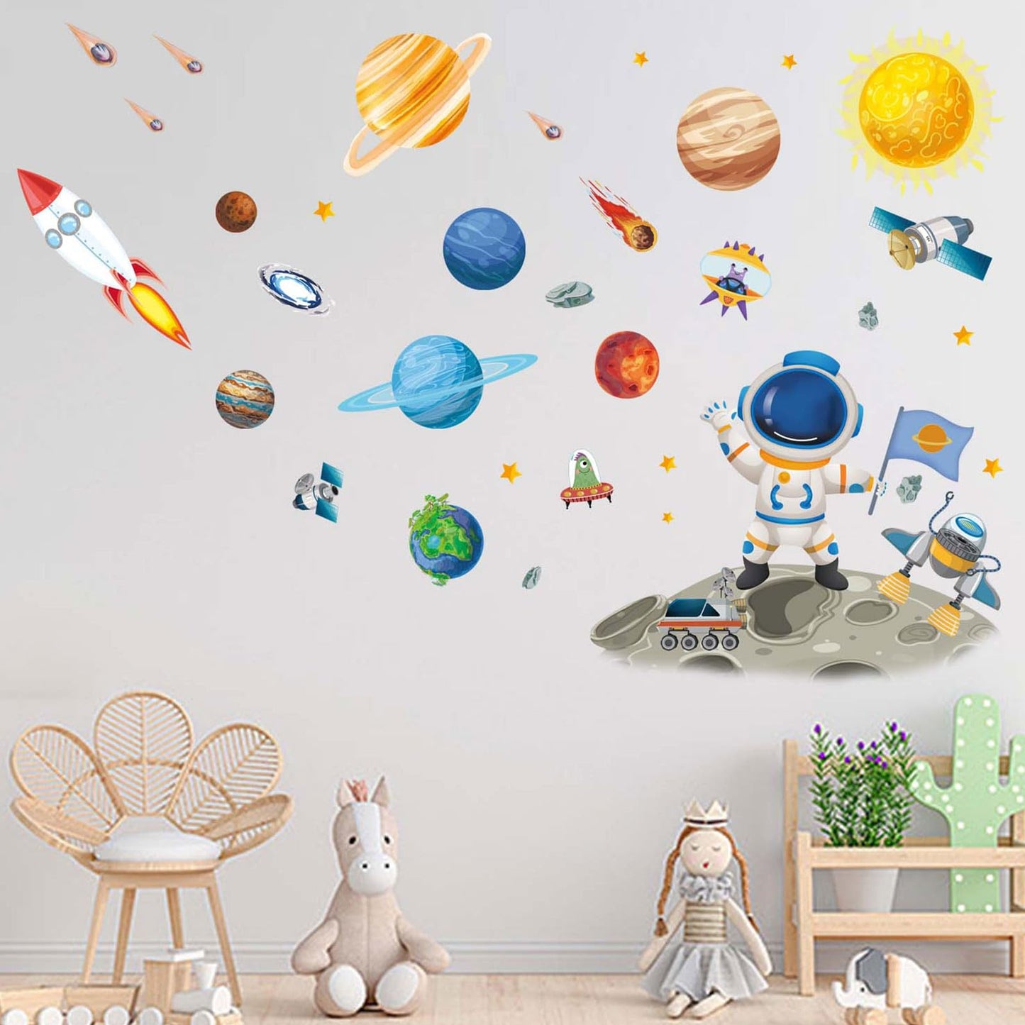 Amimagen Outer Space Astronaut Wall Stickers - Planets Rocket Boys Wall Decals - Baby Nursery Kids Room Daycare Playroom Classroom Wall Decor