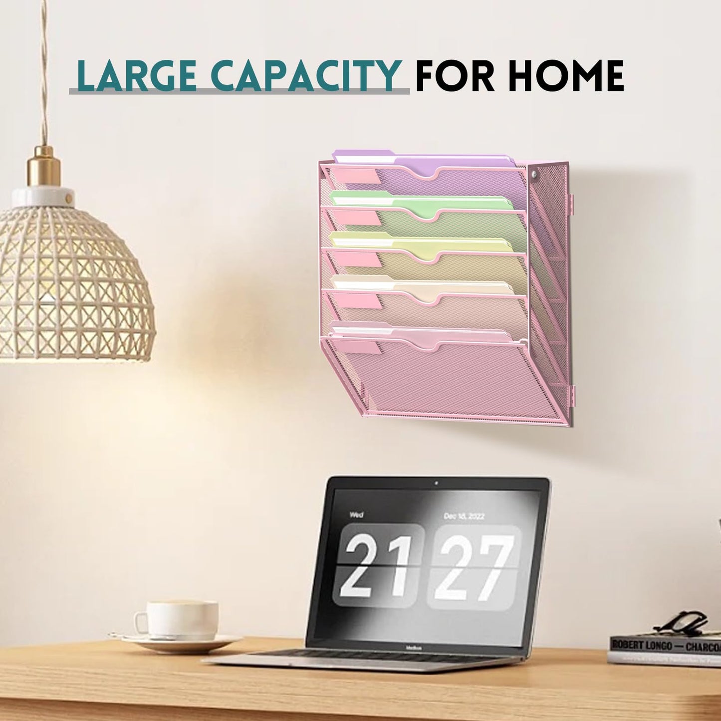 SUPEASY 5 Tier Wall File Organizer, Hanging Wall Mounted Mail Organizer with Label Slots, Metal Mesh File Holder Magazine Rack for Office, Home, School, Pink