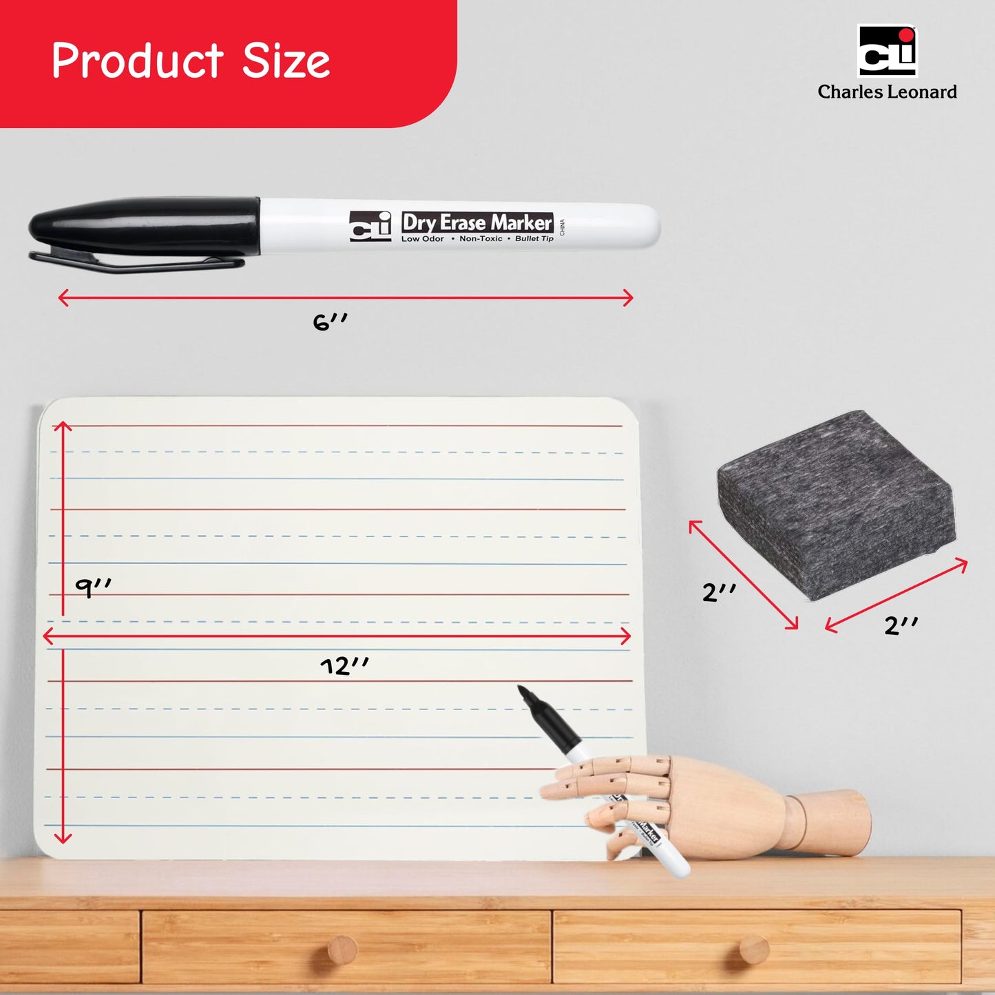 Charles Leonard Dry Erase Board Classroom Pack - Mini Lapboard School Supplies - Includes 12 Each One-Sided Lined Erasable White Boards, 2 Inch Felt Erasers and Black Dry Erase Markers (35025)