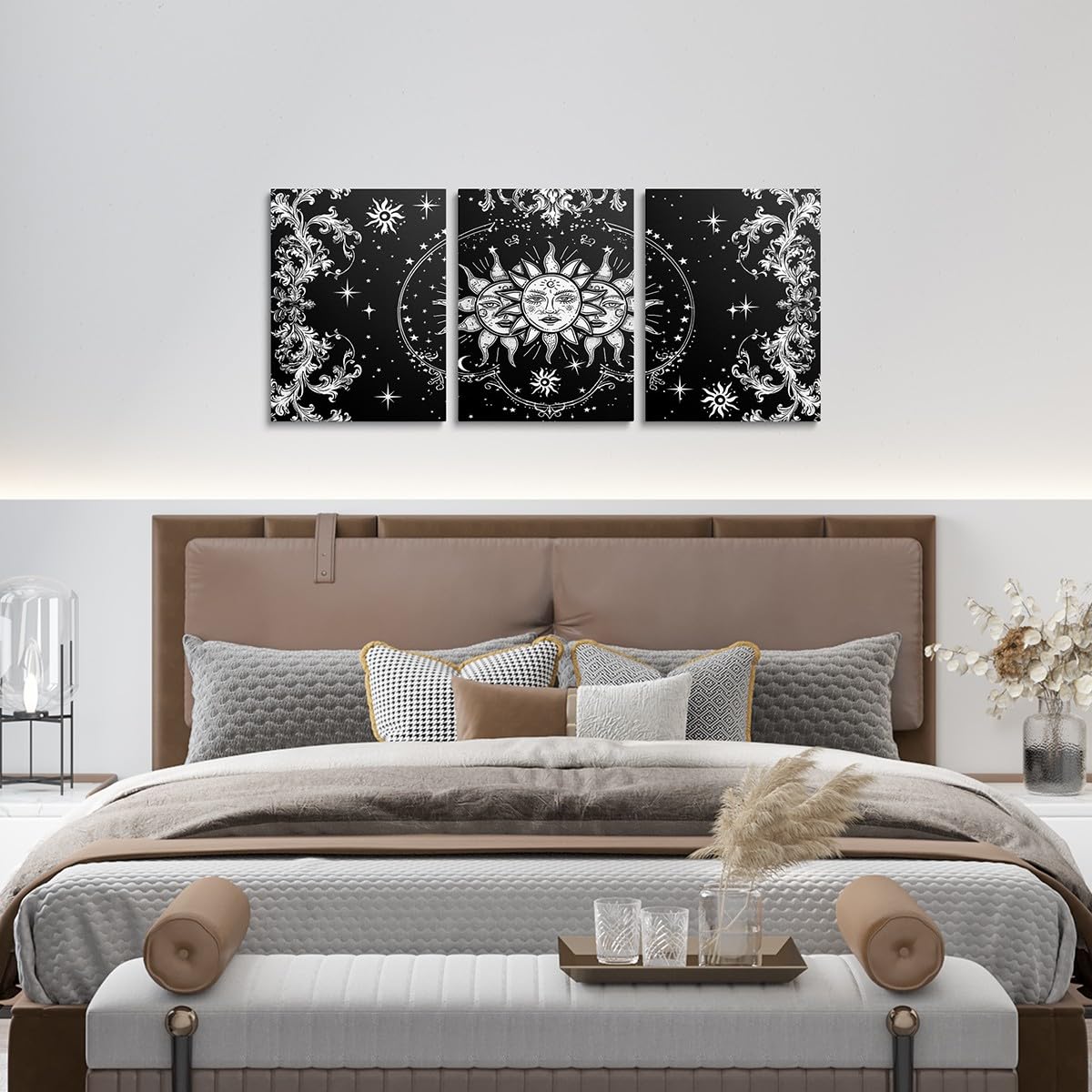 Sun And Moon Canvas Wall Art Set of 3 for Bedroom Living Room, Boho Exotic Style Paintings Wall Decor Black White Bohemian Mandala Print Wall Art Botanical Floral Decor Poster Prints