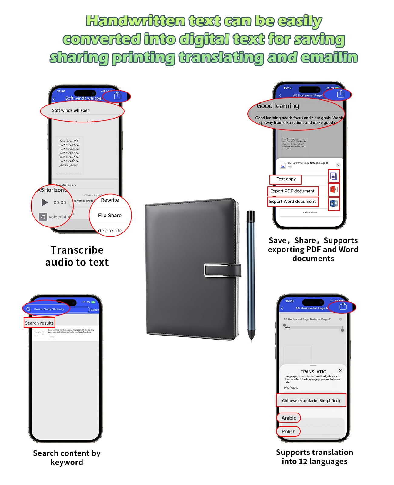 Digital Notebook with Pen Set smart Pen Enables Synchronized Handwriting, OCR to Text, Offline Storage, Audio Recording and Note Sharing, Compatible with iOS and Android