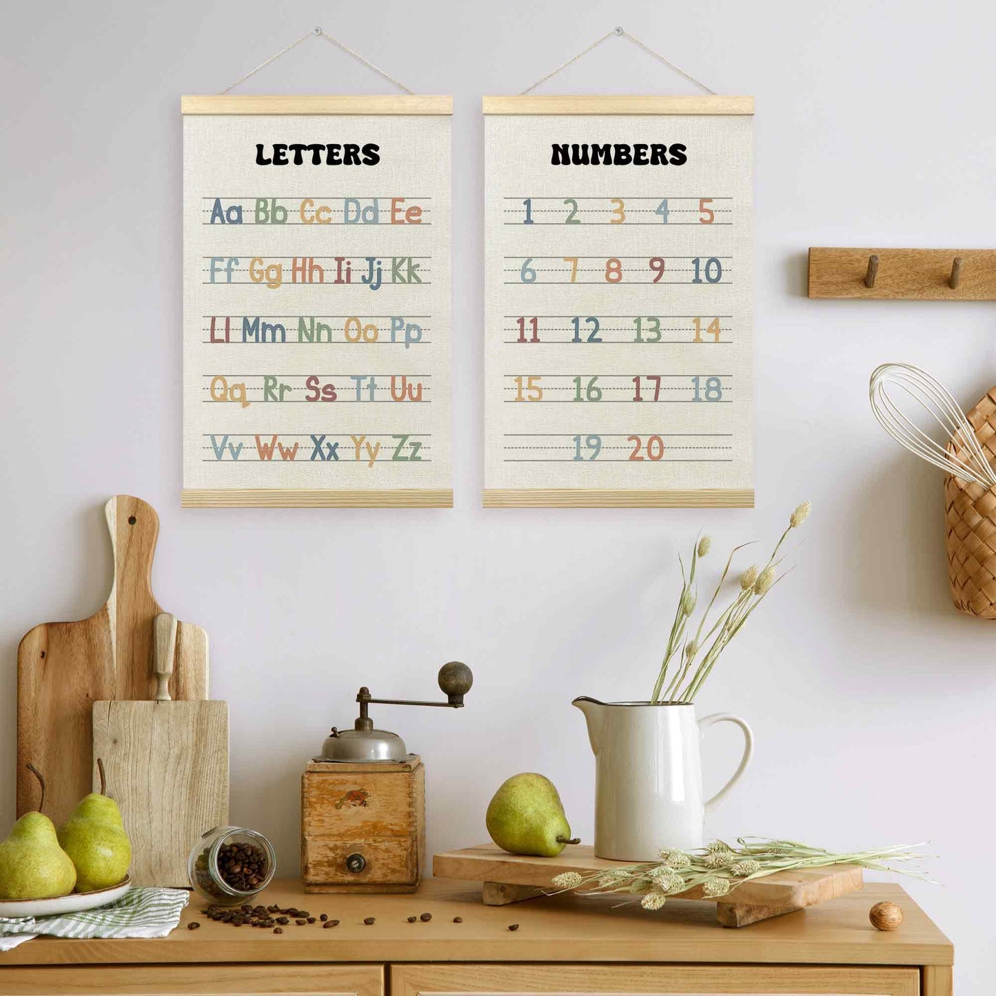 TLESKE Alphabet ABC Numbers Chart Poster Hanger Frame for Toddler Kid Classroom Set of 2, Homeschool Hanging Wall Art Decor for Nursery Playroom, Preschool Prek Learning Educational Poster, 16x24