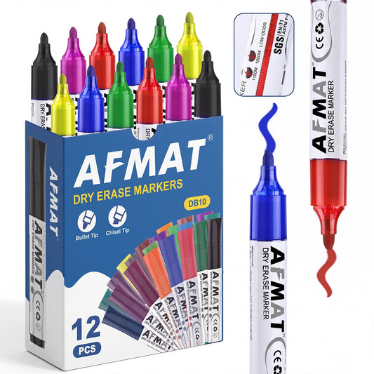 AFMAT Dry Erase Markers, Liquid Bullet Tip Whiteboard Markers with Visible Ink Window, Low Odor & Non-Toxic, 3X Large Capacity, No Residue for White Board, Classroom, Office, Home, 6 Colors, 12 Pack