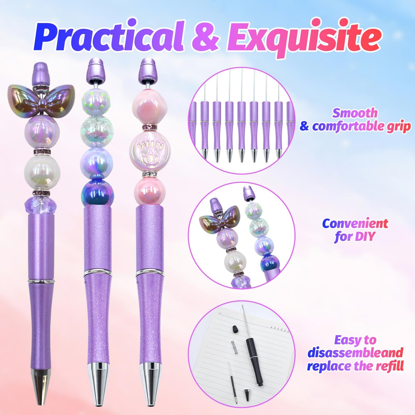 DASTTUIS 150 Pieces DIY Beadable Pen Kit – 50 Plastic Ballpoint Pens with Refills & Bags – School Supplies, Office Accessories & Decorative Items for Students & Teachers (Purple)