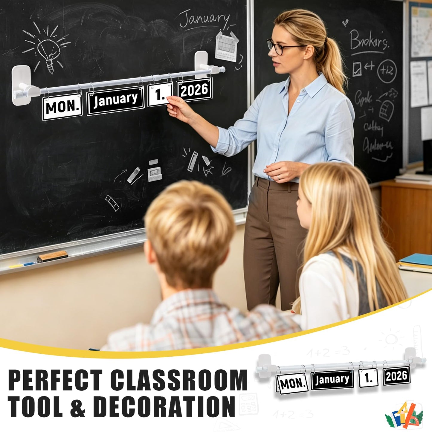 Upgraded 2-in-1 Flip Calendar for Classroom with Magnetic & Adhesive Fixing, Adjustable Magnetic Rod Flip Calendar for Whiteboard, Black and White Classroom Decor Bulletin Board Set (Black and White)